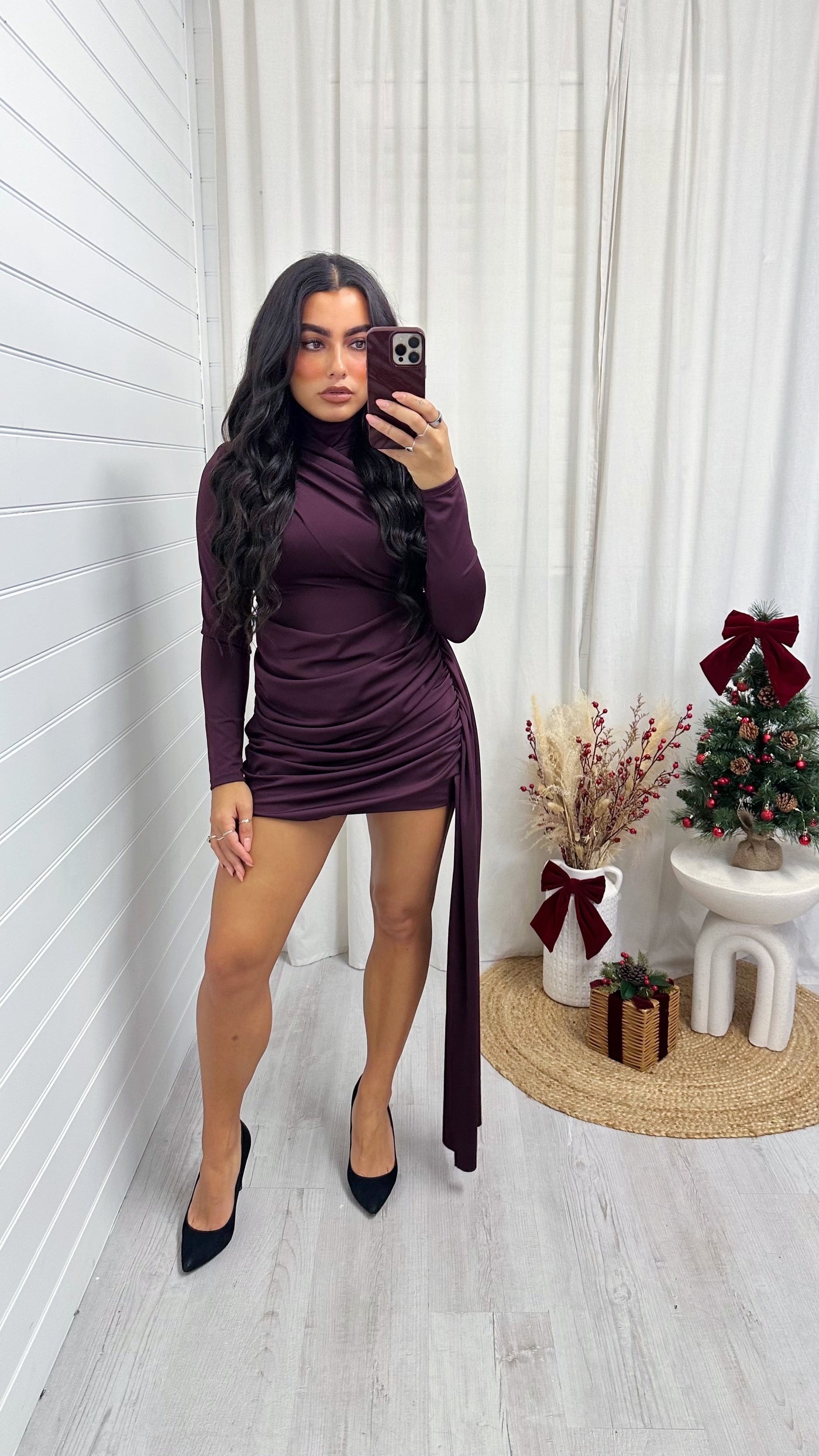 Ruched Front Dress with Sash - BURGUNDY