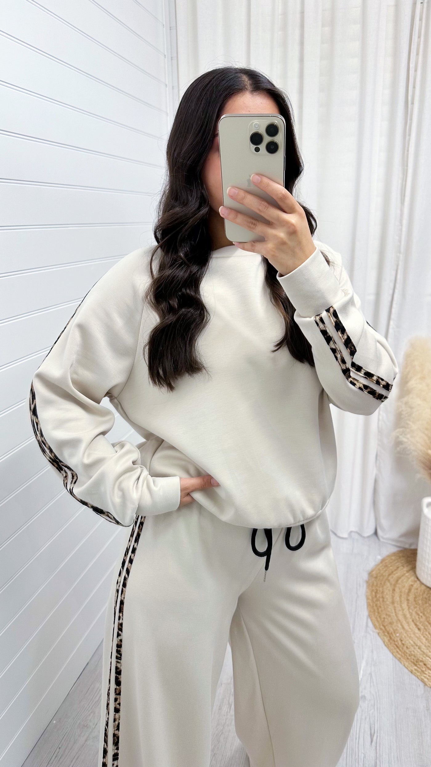 Leopard Trim Sweatshirt and Joggers Co-Ord - CREAM