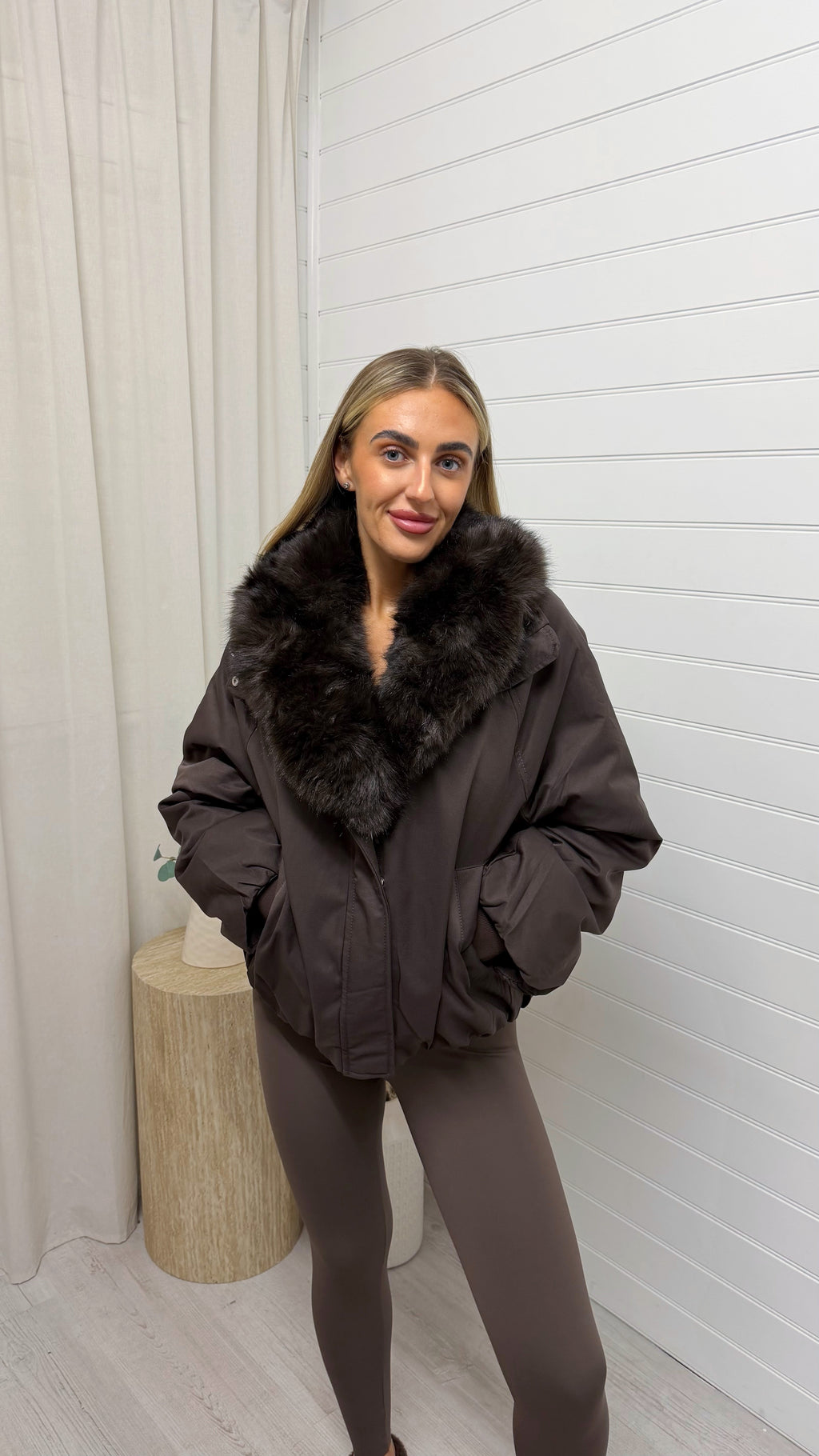 Faux Fur Collar Coat - BROWN