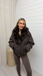 Faux Fur Collar Coat - BROWN