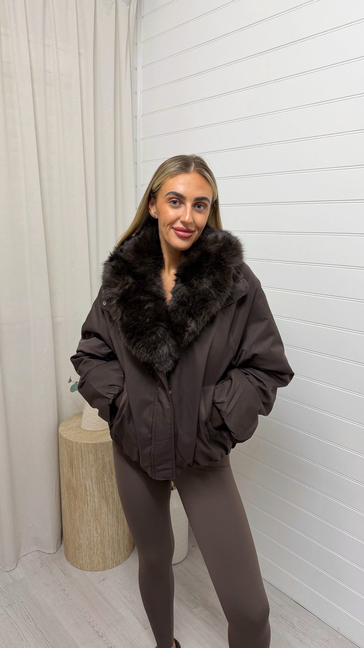 Faux Fur Collar Coat - BROWN