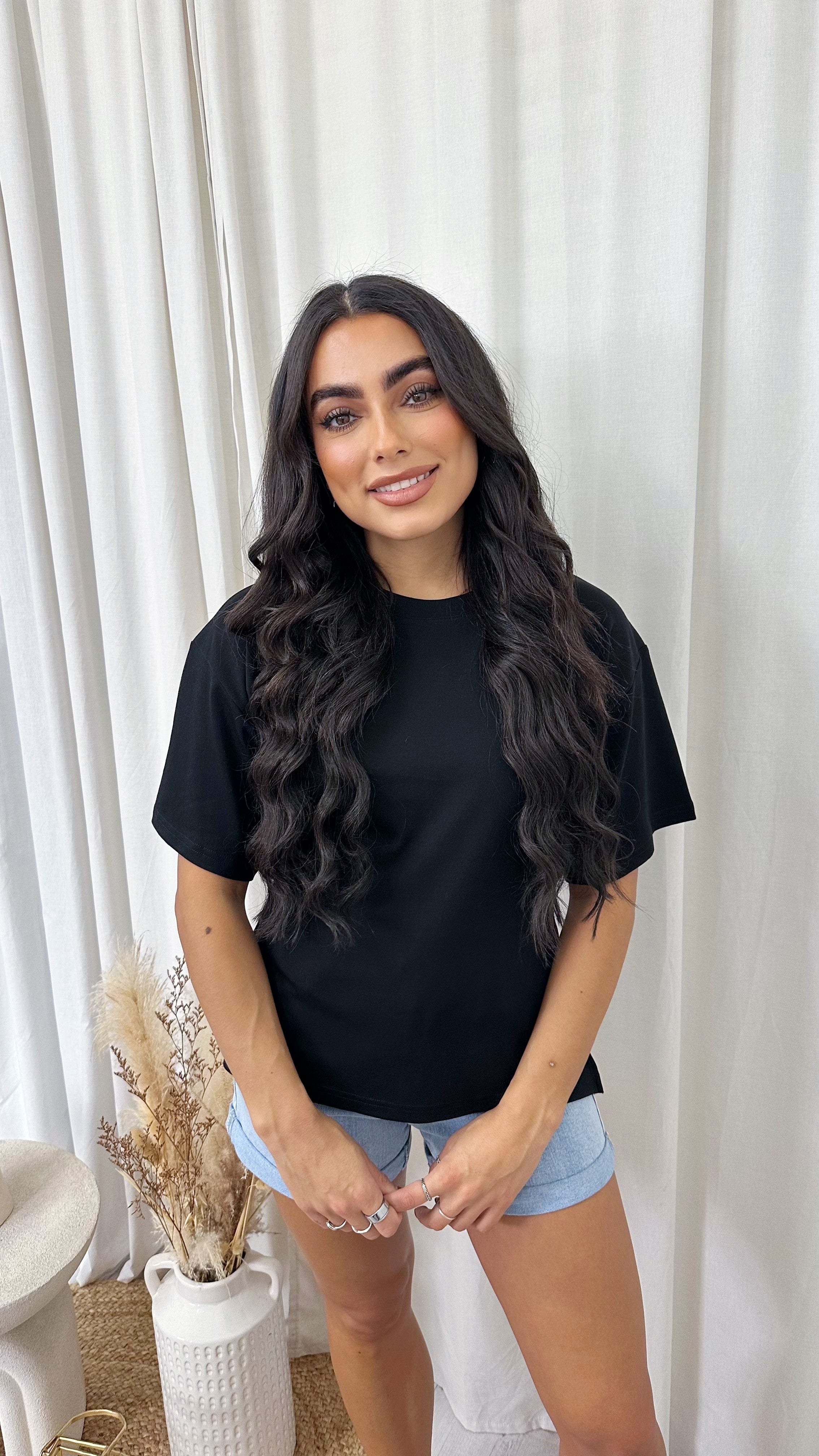 Hourglass Side Slit Soft Cotton T-Shirt - BLACK