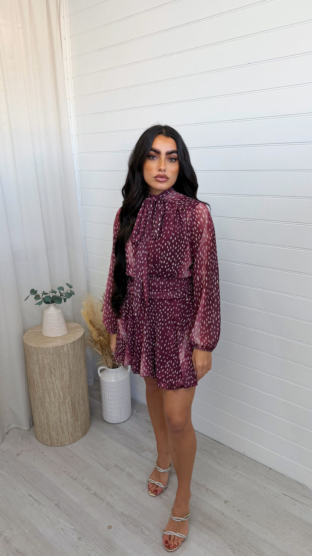 Deer Print Tie Neck Dress - BURGUNDY