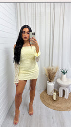Lace Bardot Mini Dress - YELLOW
