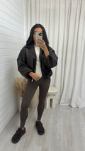 Faux Leather Bomber Jacket - BROWN