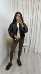 Faux Leather Bomber Jacket - BROWN
