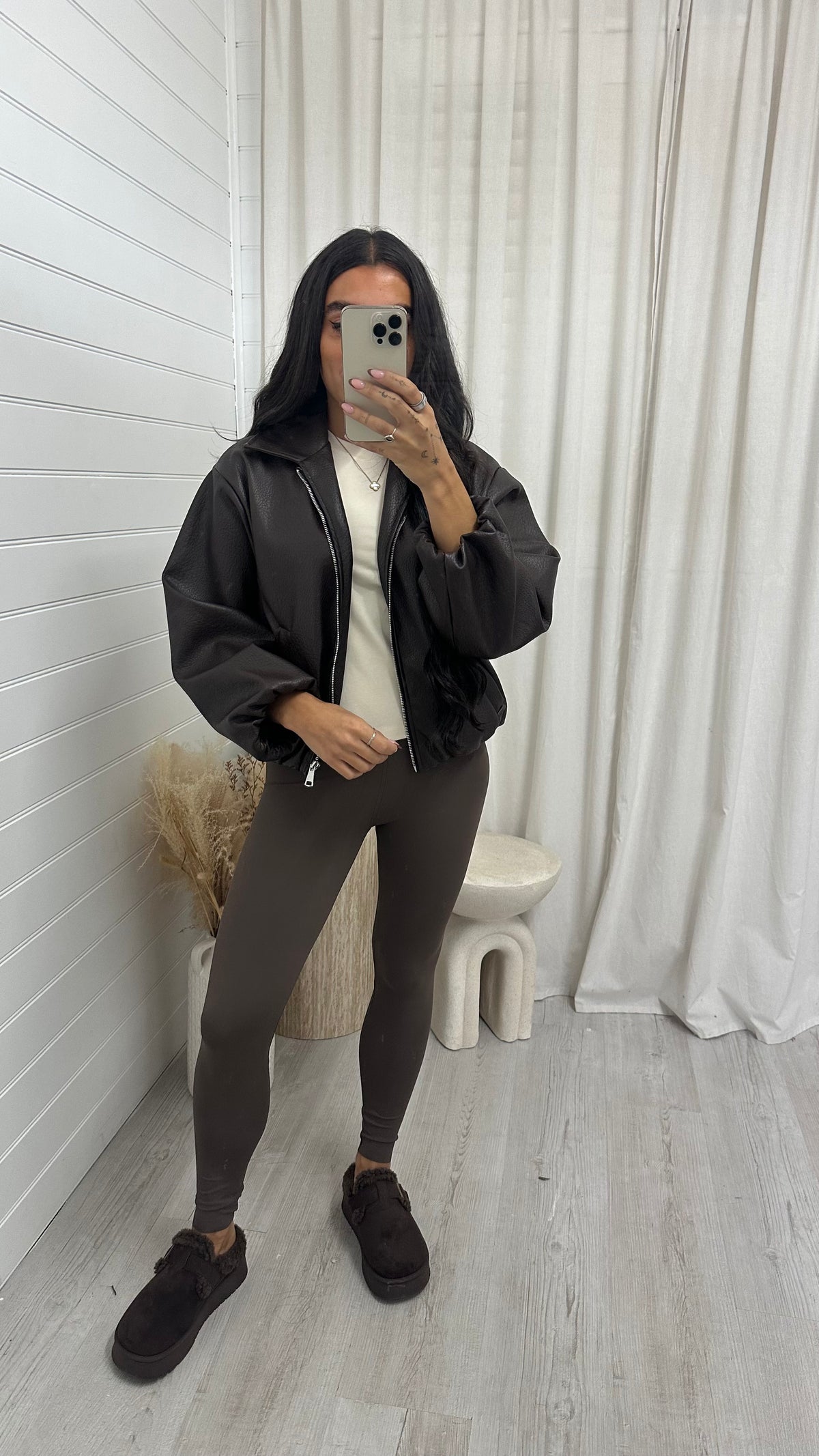 Faux Leather Bomber Jacket - BROWN