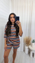 Zig Zag Tie Front T-Shirt and Shorts Co-Ord - ORANGE/BROWN