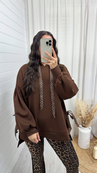 Leopard Print Ribbon Side Slit Hoodie - BROWN