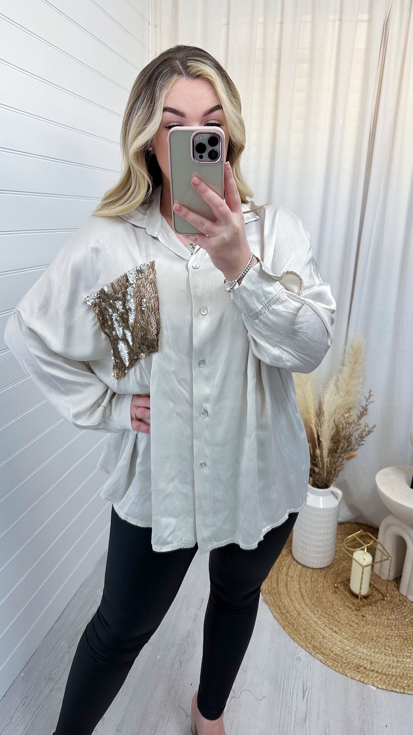 Satin Sequin Pocket Shirt -  CREAM