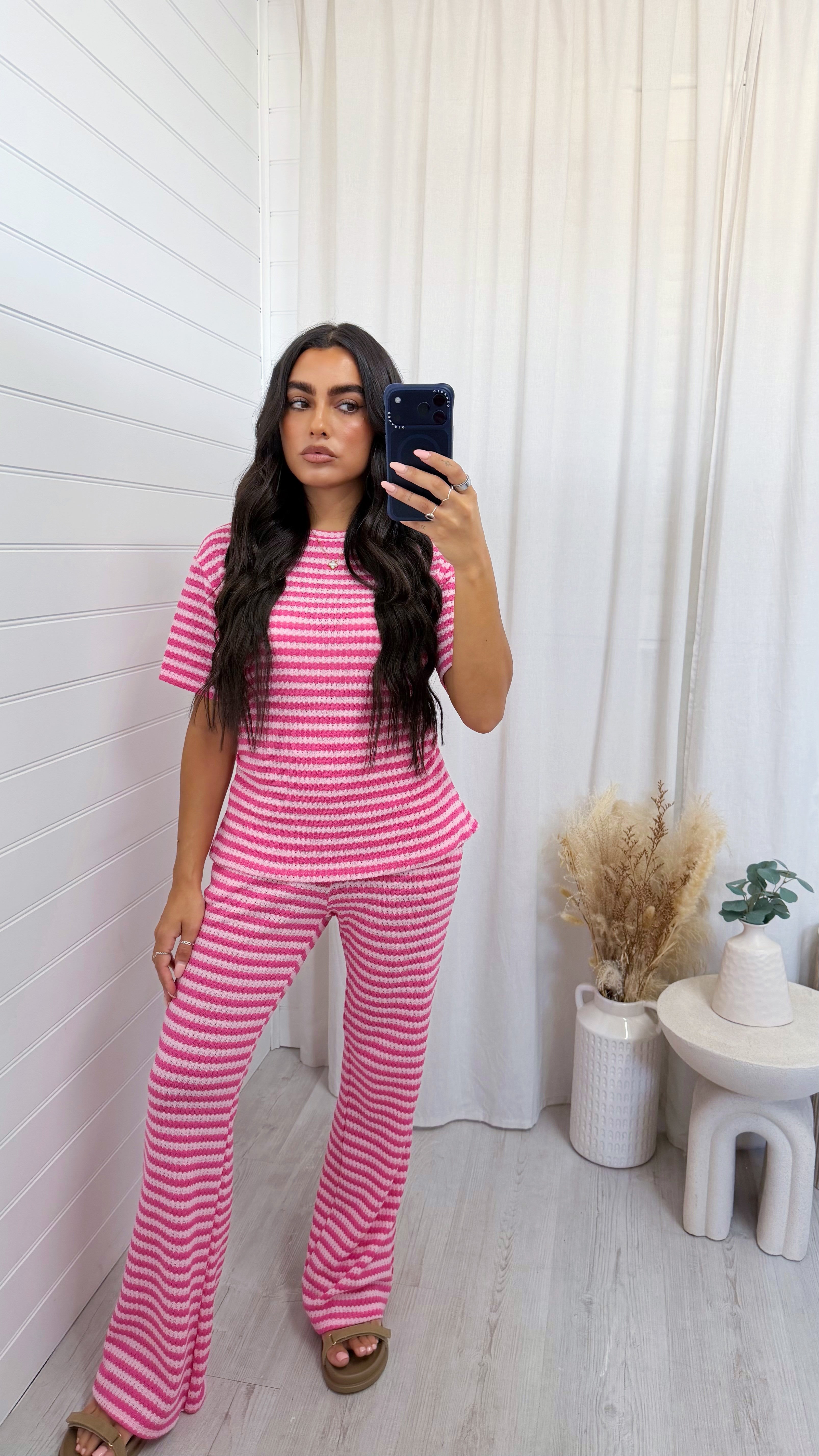 Stripey Knit T-Shirt and Flares Co-Ord - CANDY PINK