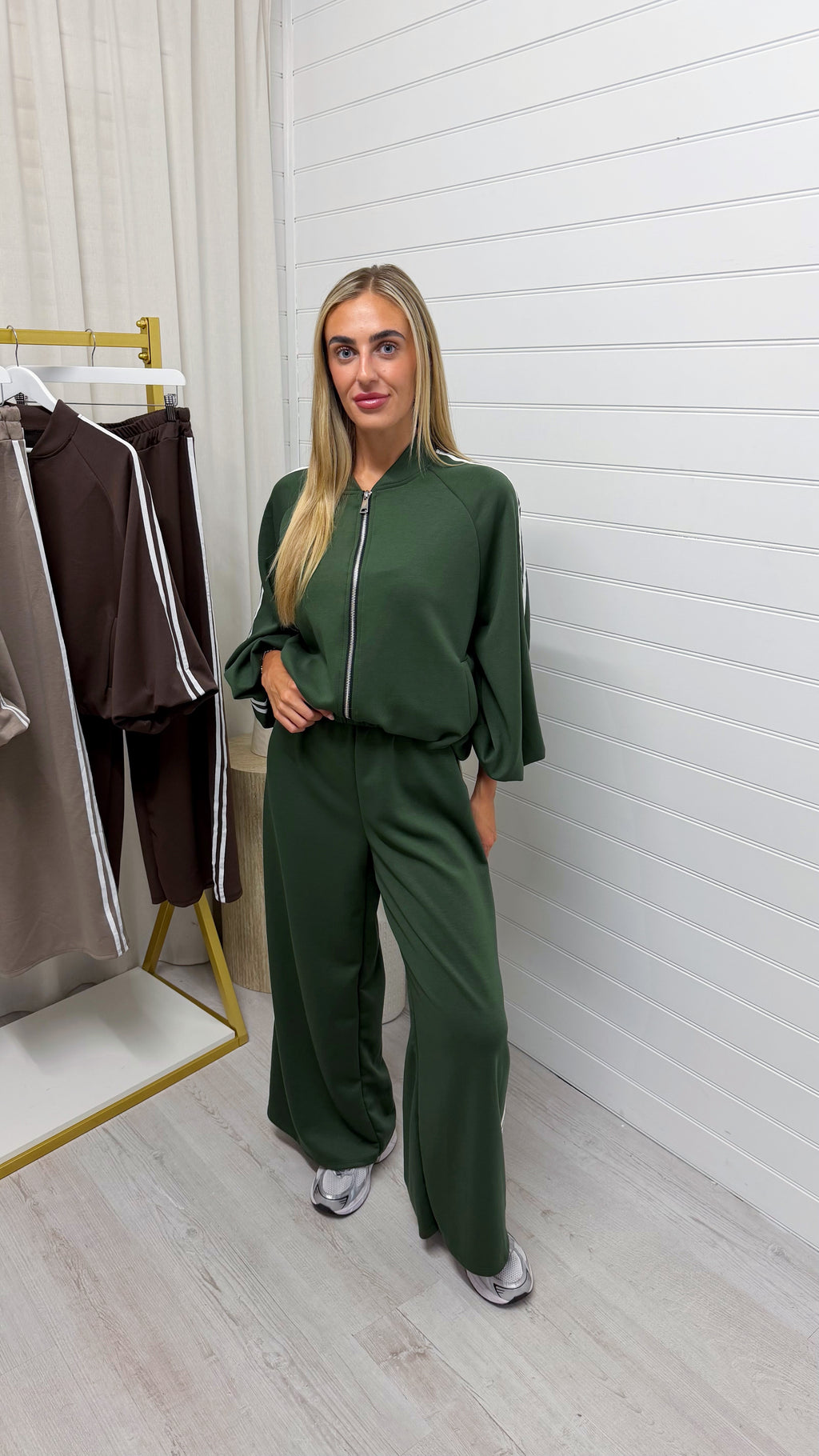 Classic Stripe Jacket and Wide Leg Joggers Tracksuit - KHAKI