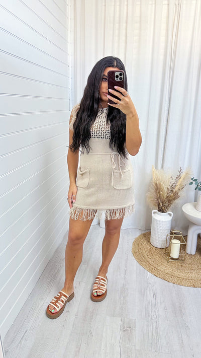 Tassel Hem Knitted Dress - BEIGE