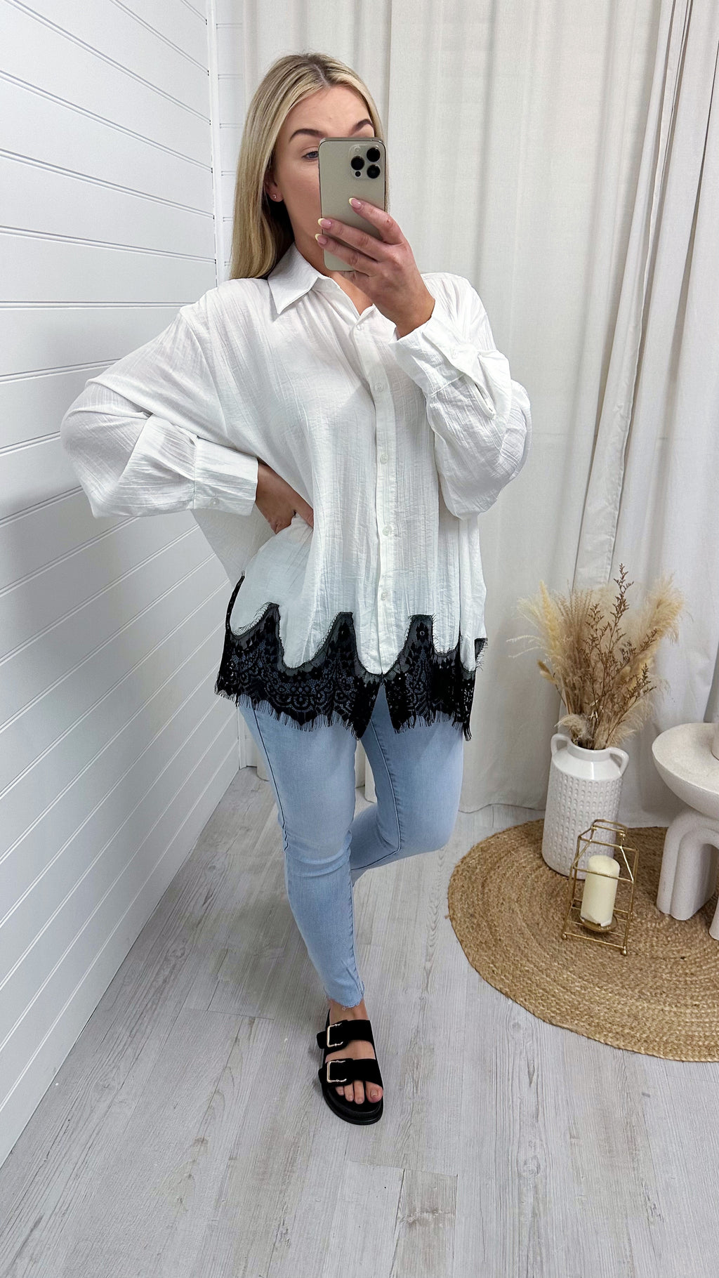 Lace Hem Crinke Shirt - WHITE
