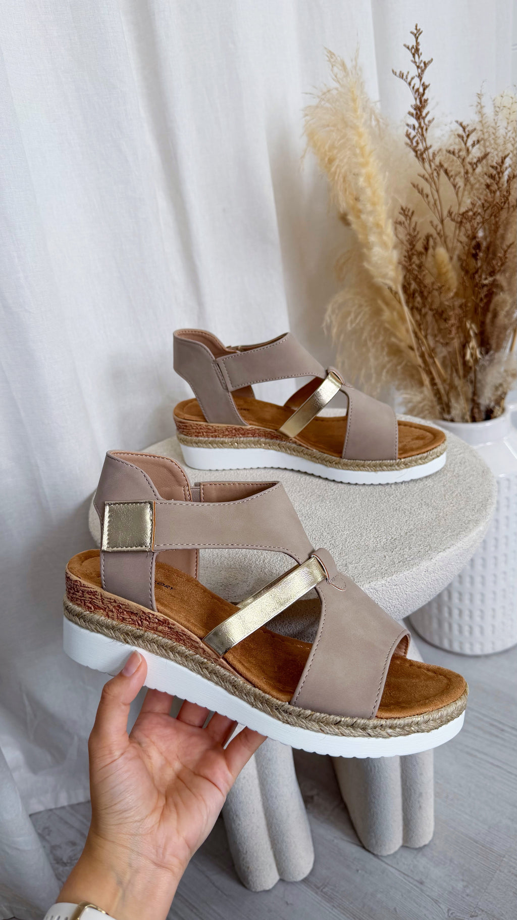 Suede Comfort Wedge Sandals - TAUPE