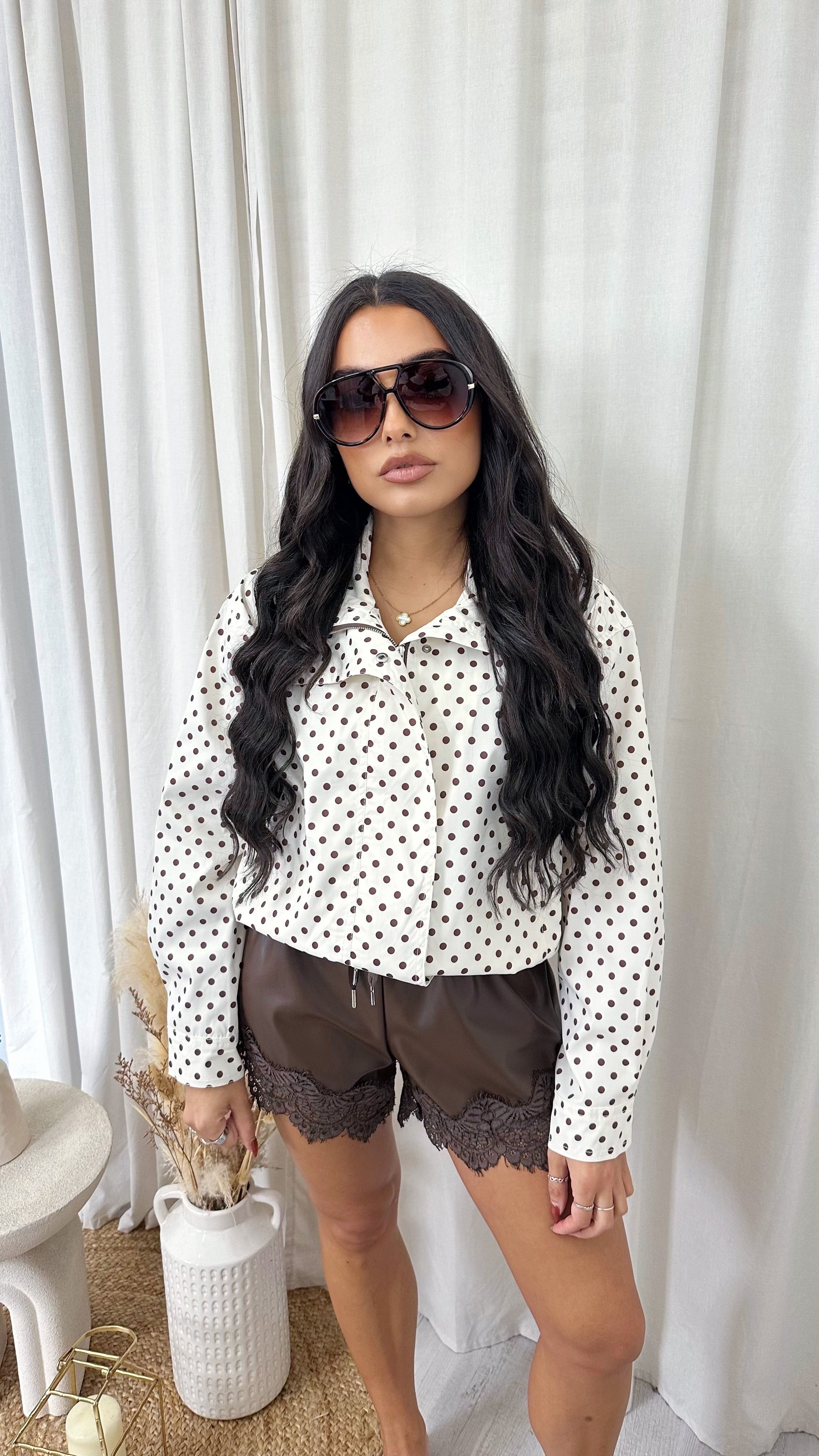 High Neck Polka Dot Jacket - CREAM/BROWN