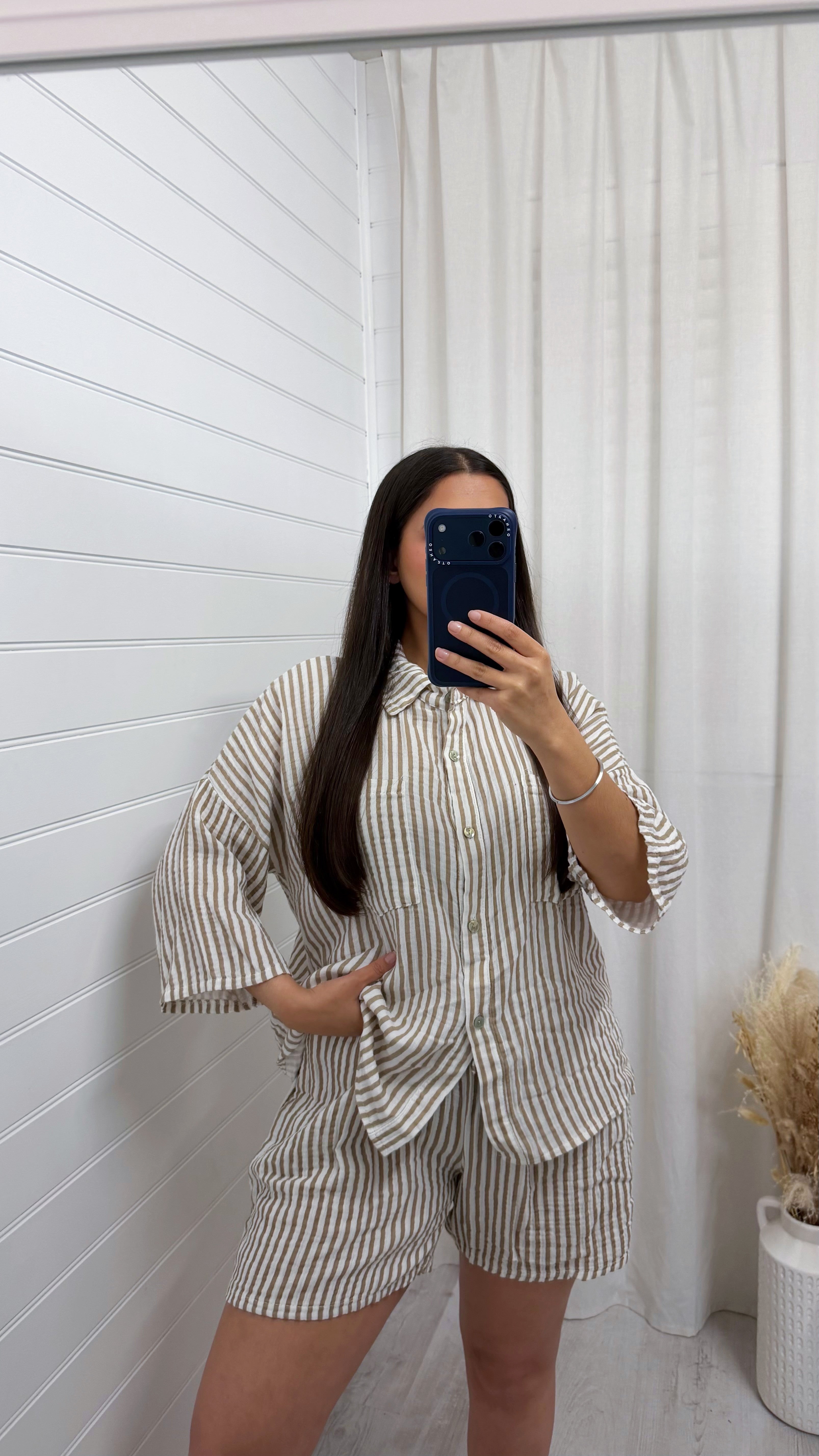 Cheesecloth Pinstripe Shirt and Shorts Co-Ord - BEIGE
