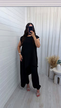 Draped Asymmetric Top and Cuff Trousers Co-Ord - BLACK