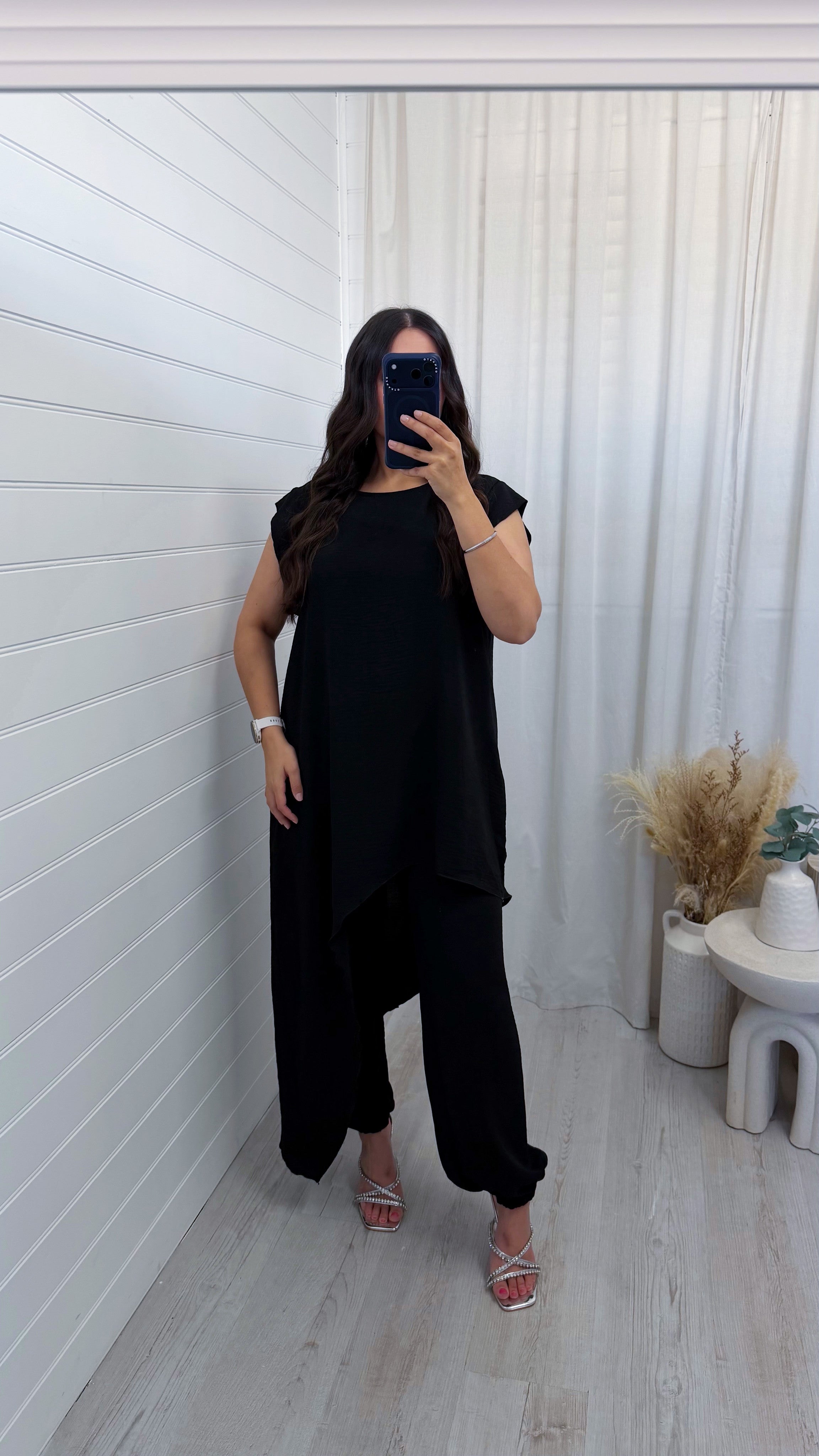 Draped Asymmetric Top and Cuff Trousers Co-Ord - BLACK