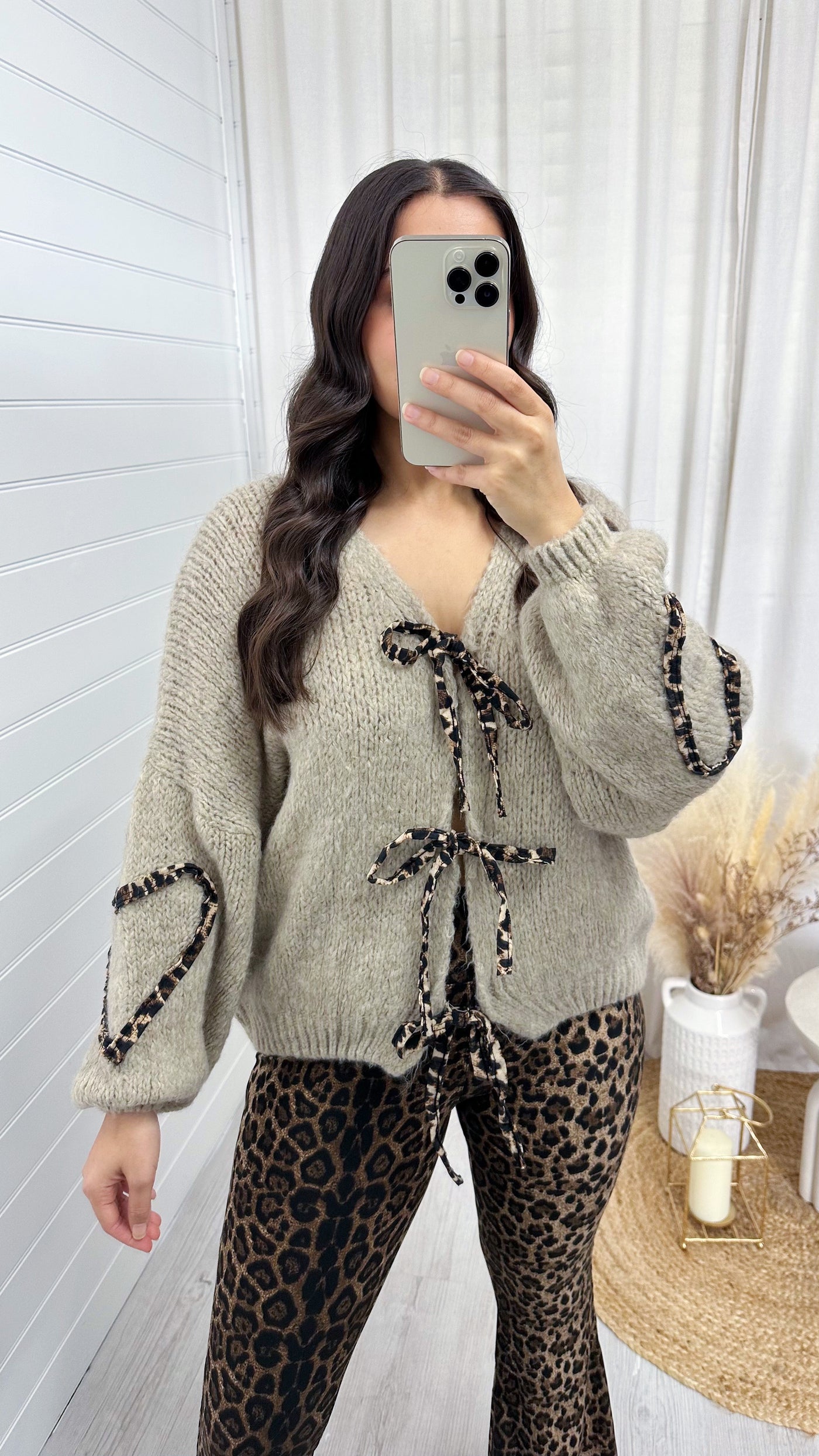 Leopard Bow Tie Cardigan - DARK BEIGE