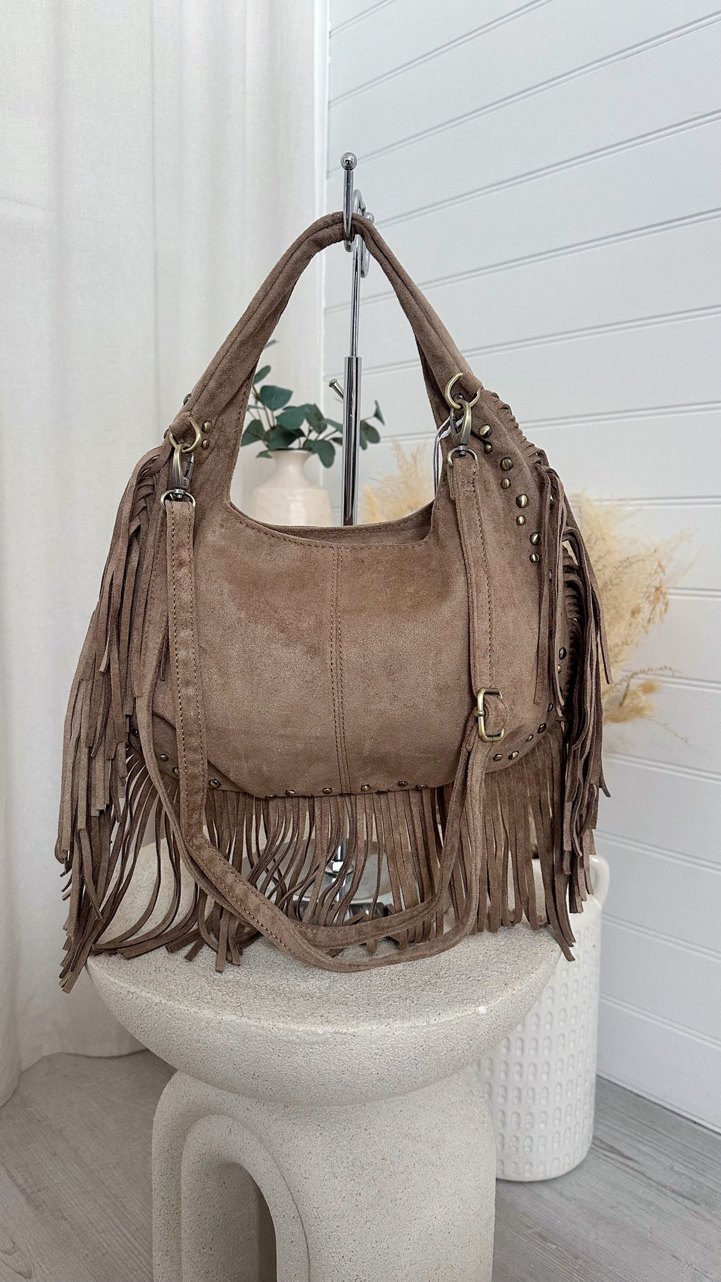 Suede Fringe Bag - BEIGE