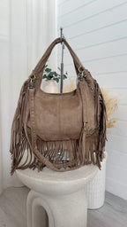 Suede Fringe Bag - BEIGE