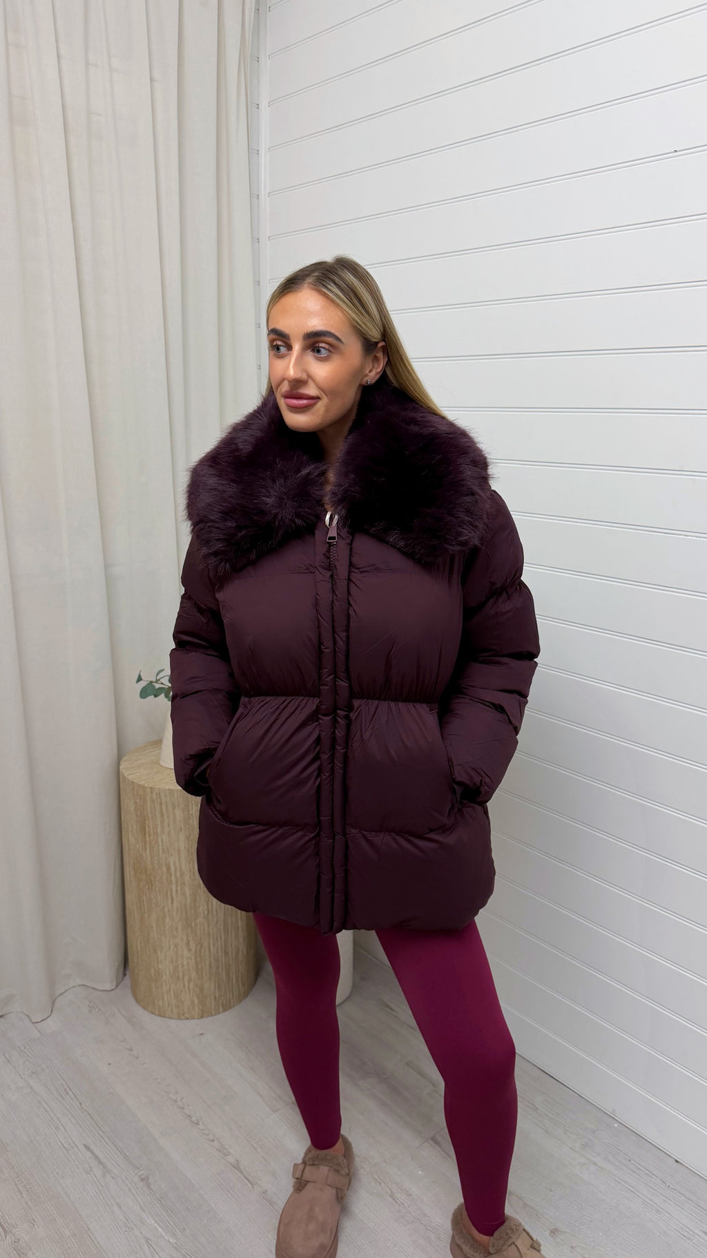 Luxe Faux Fur Collar Puffer Coat - BURGUNDY