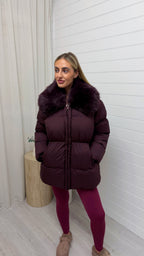 Luxe Faux Fur Collar Puffer Coat - BURGUNDY