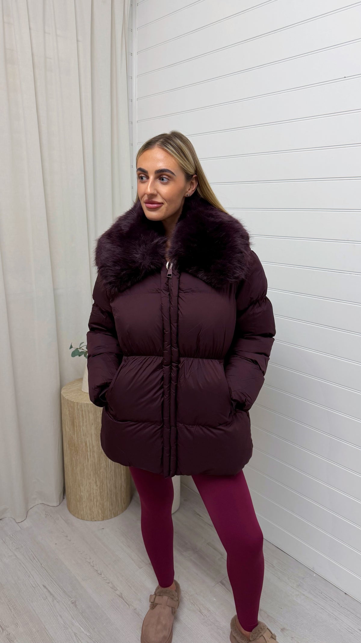 Luxe Faux Fur Collar Puffer Coat - BURGUNDY