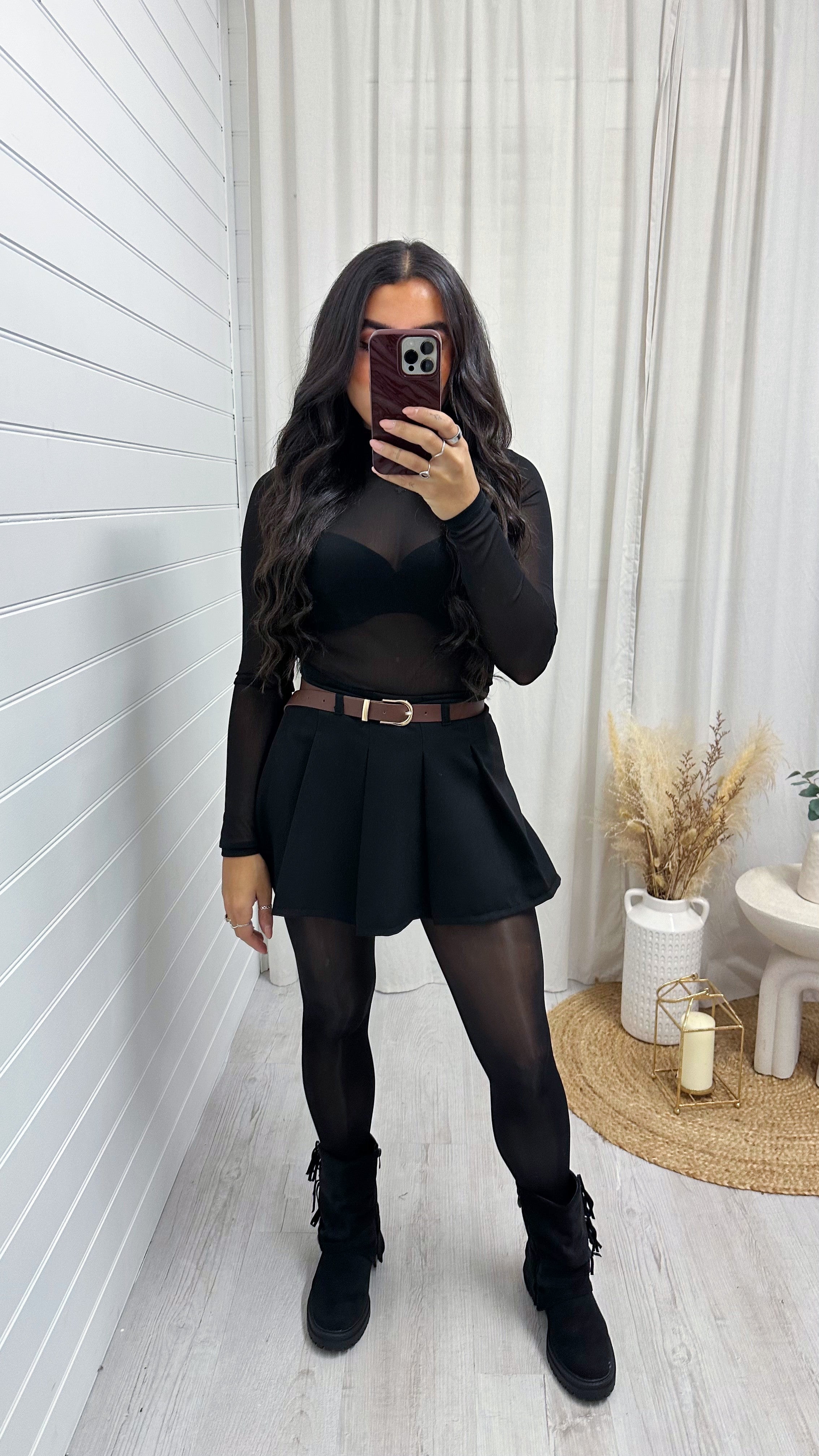 Pleated Tennis Skort with Belt - BLACK