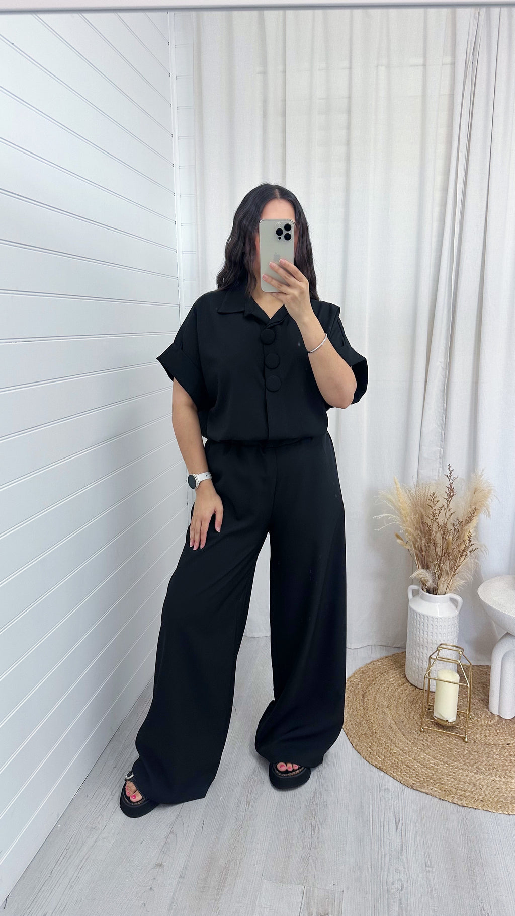 Chunky Button Shirt and Wide Leg Trousers Co-Ord - BLACK