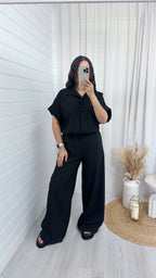 Chunky Button Shirt and Wide Leg Trousers Co-Ord - BLACK