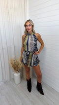 Reptile Print Halter Neck Frill Dress - NAVY