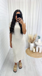 Soft Ribbed Sleeveless Midi Dress - BEIGE STRIPE