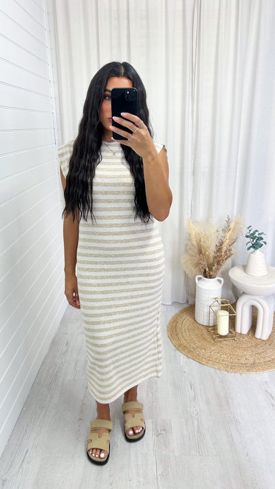 Soft Ribbed Sleeveless Midi Dress - BEIGE STRIPE
