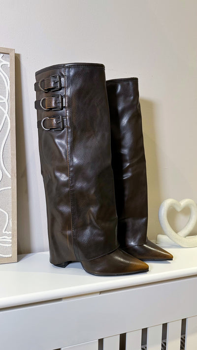 Knee High Fold Over Buckle Boots - BROWN