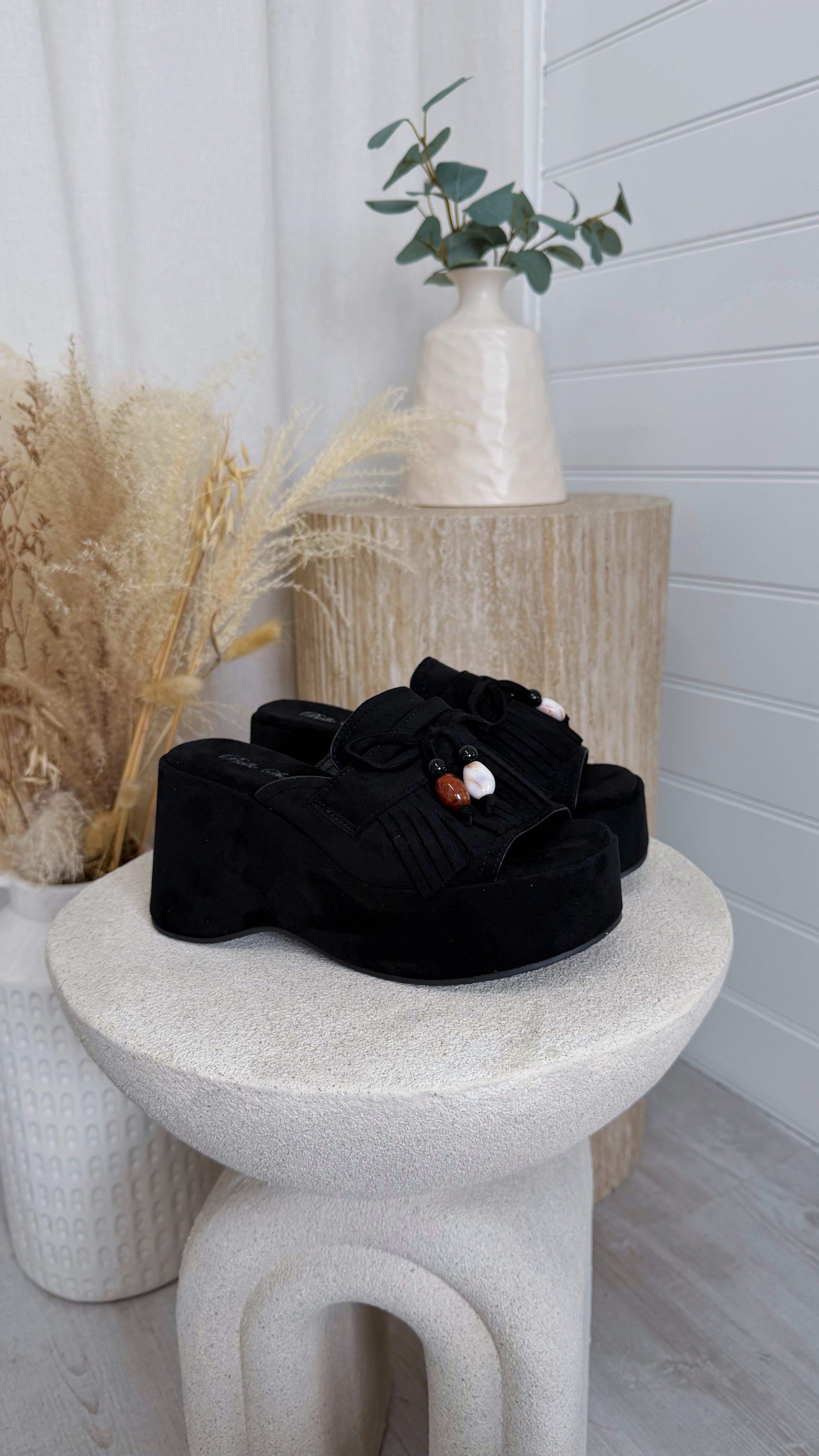 Chunky Platform Tassel Wedges - BLACK