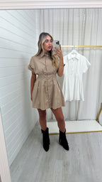 Pleated Waist Shirt Dress - TAN