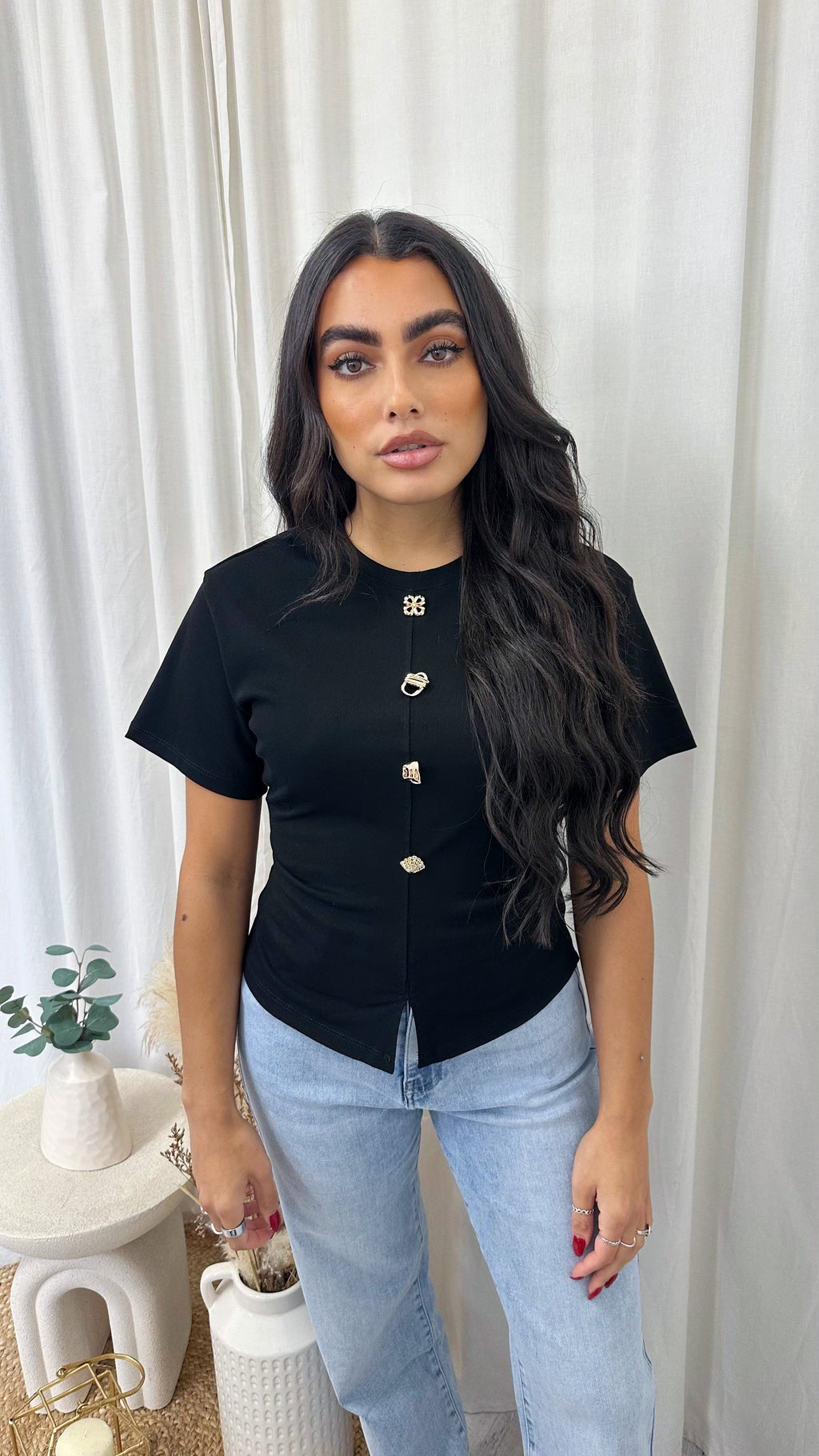 Soft Ribbed Gold Button Cinched T-Shirt - BLACK