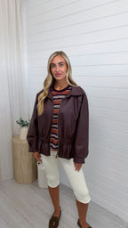 Cinch Waist Peplum Leather Jacket - BURGUNDY