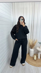 Sequin Sleeve Sweatshirt and Joggers Tracksuit - BLACK