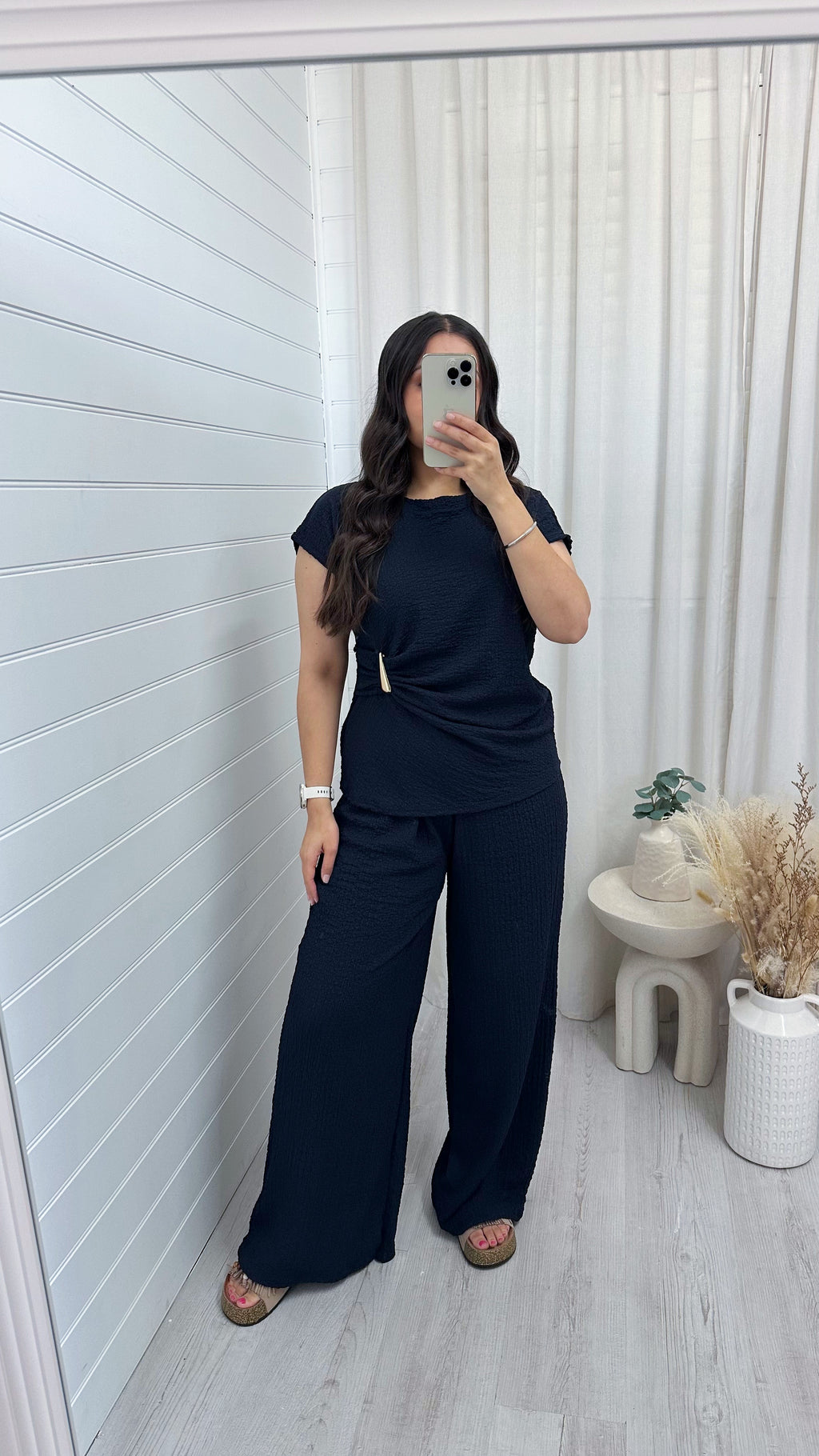 Gold Clasp Ruched Top and Wide Leg Trousers Co-Ord - NAVY