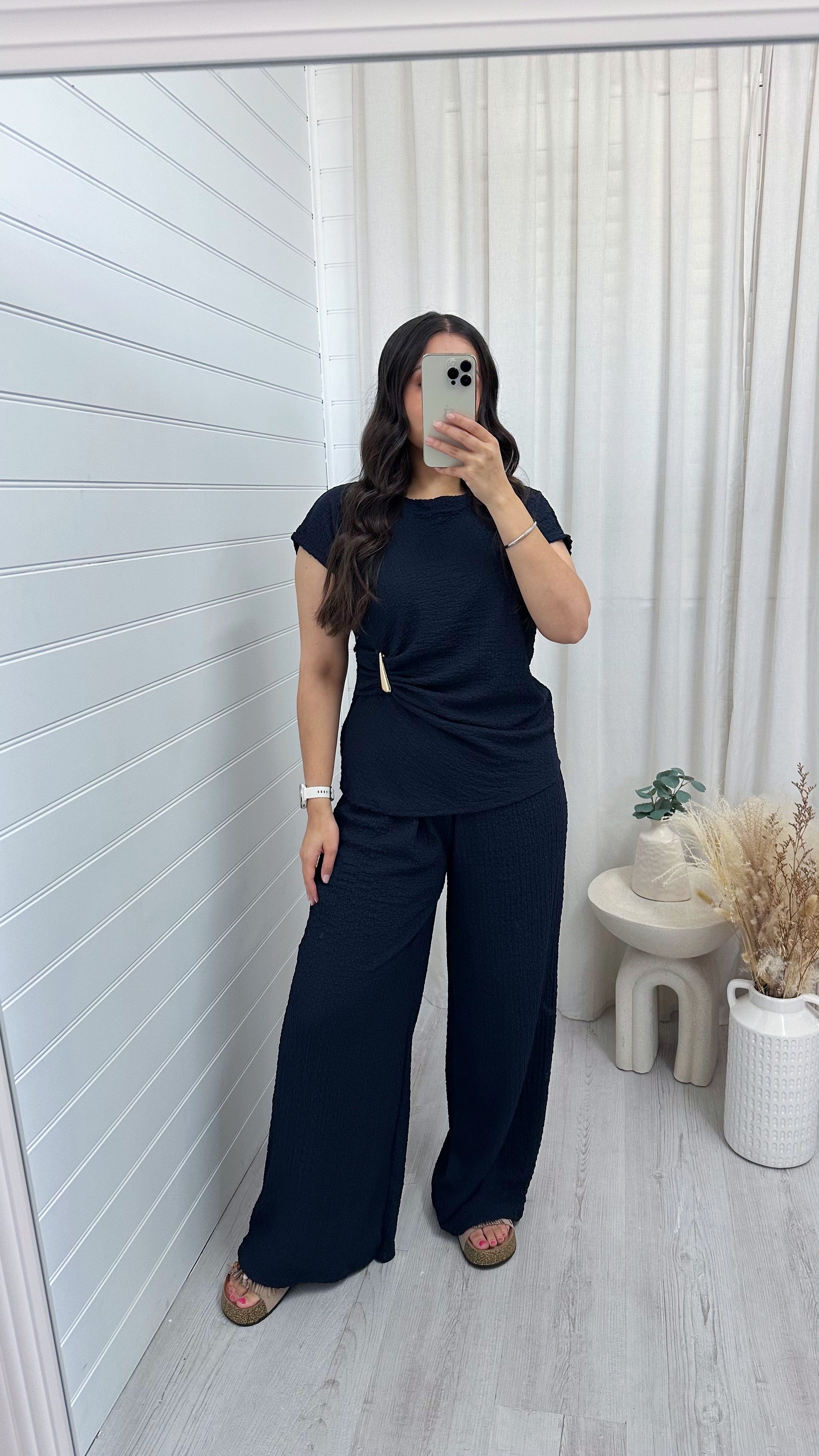 Gold Clasp Ruched Top and Wide Leg Trousers Co-Ord - NAVY