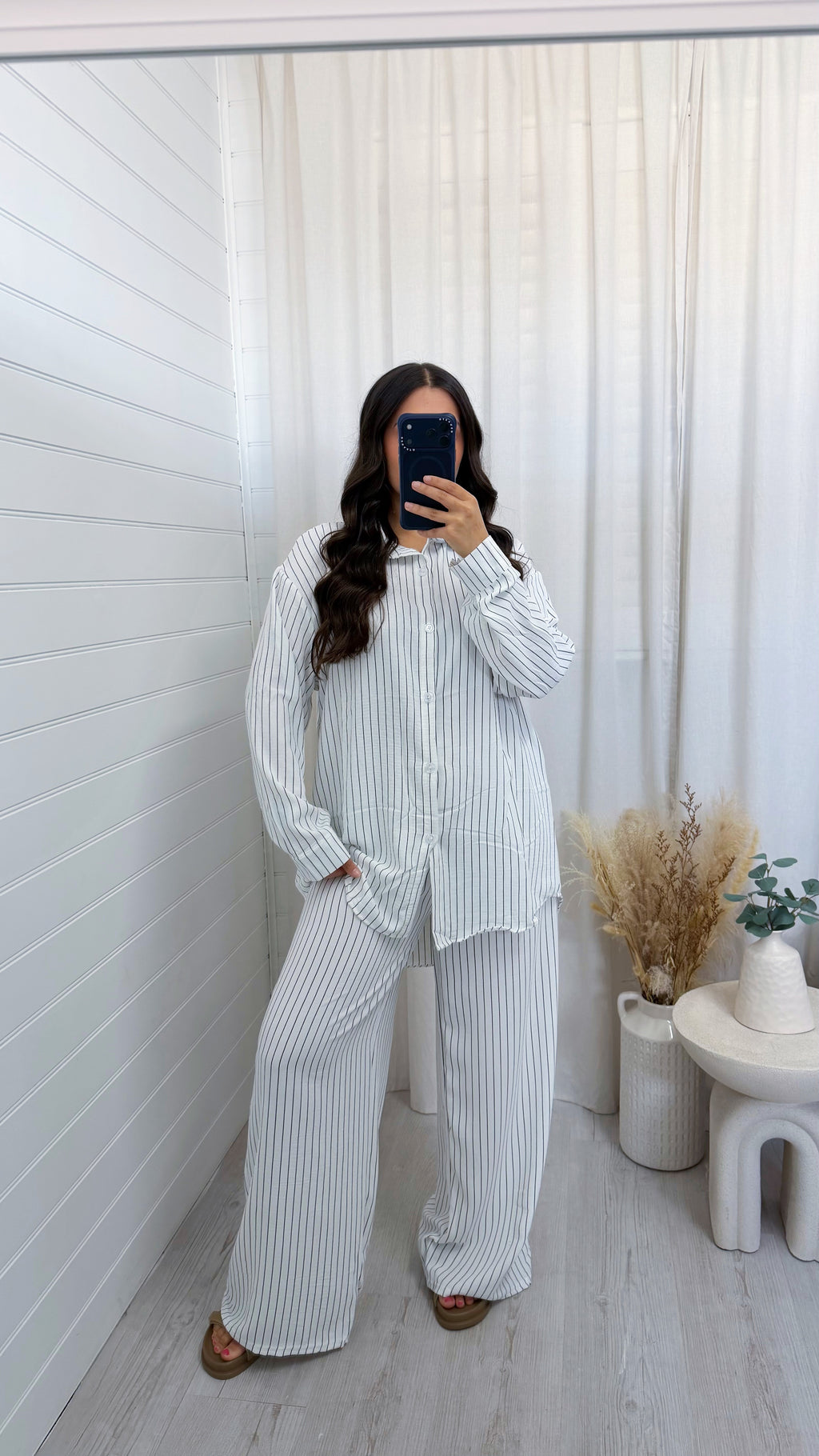 Oversized Pinstripe Shirt and Trousers Co-Ord - WHITE