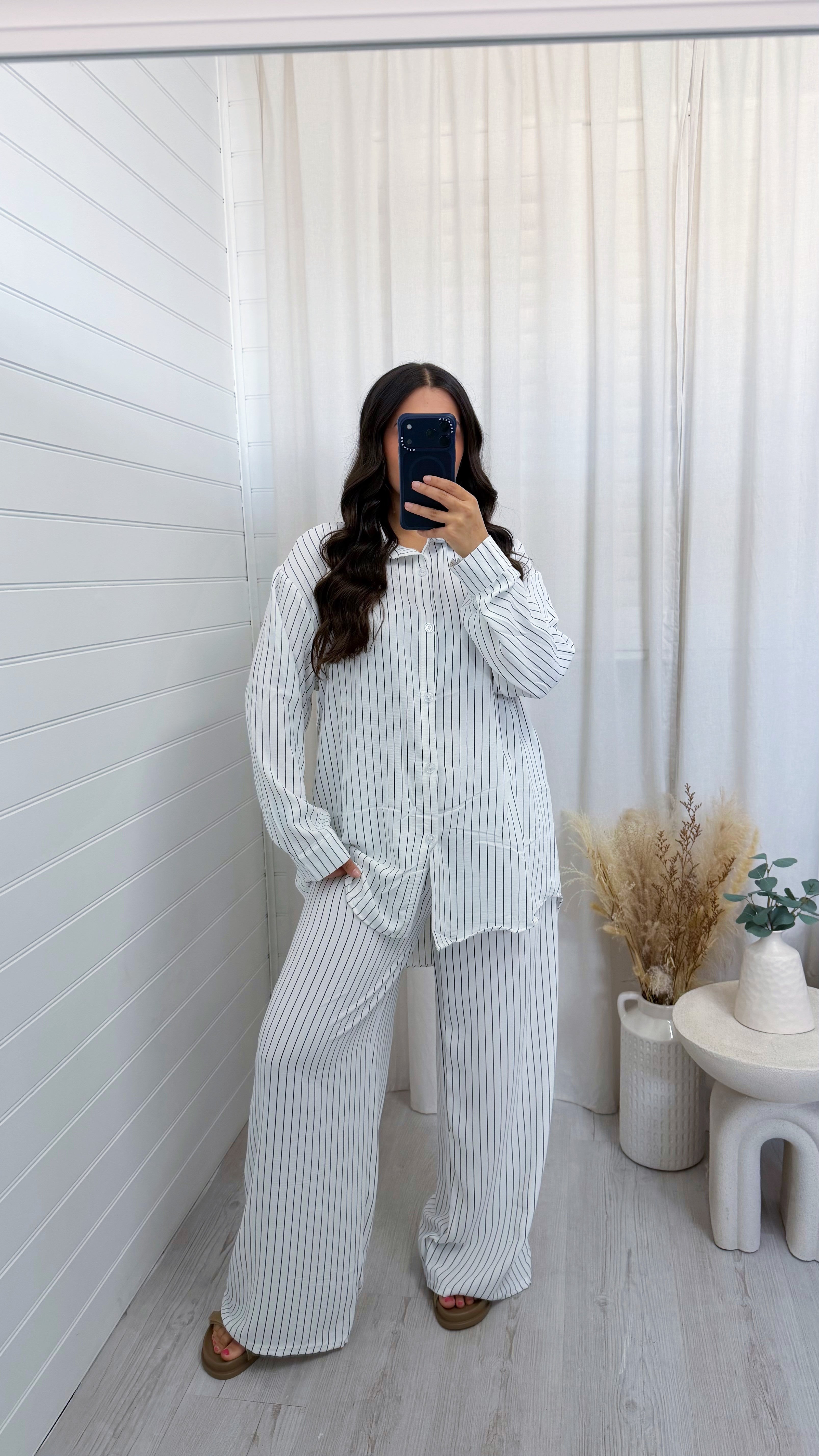 Oversized Pinstripe Shirt and Trousers Co-Ord - WHITE