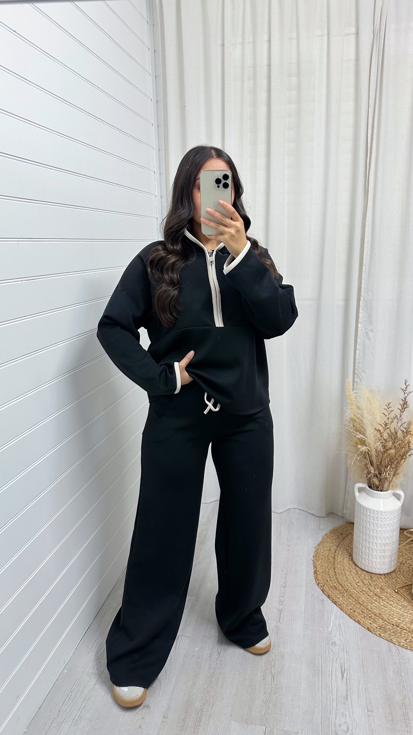 Contrast Half Zip Hoodie and Wide Leg Joggers Co-Ord - BLACK