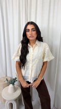 Flower Applique Balloon Sleeve Shirt - CREAM