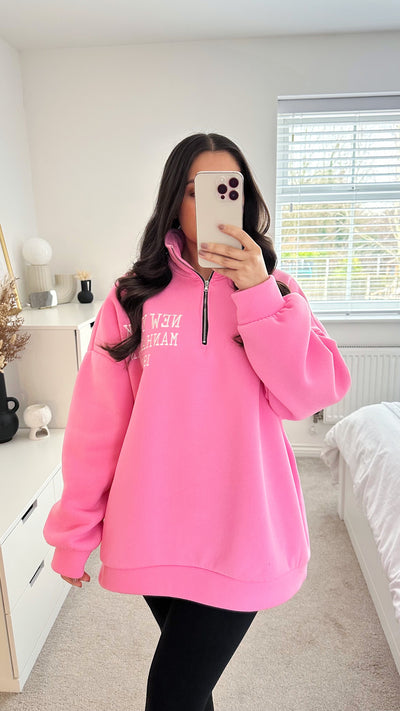 New York Oversized Half Zip Sweatshirt - CANDY PINK