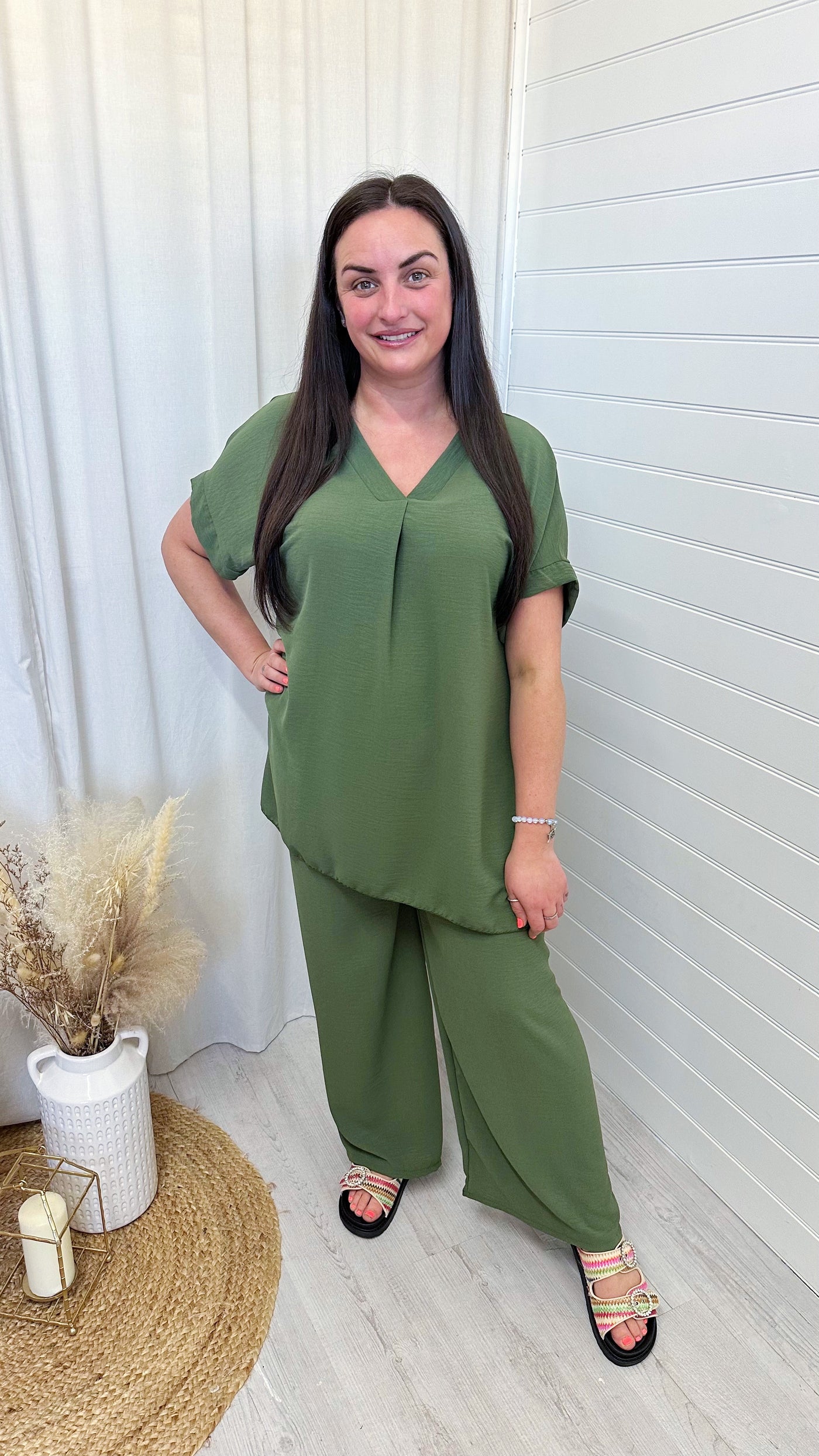 V Neck Loose Fit Top and Trousers Co-Ord - KHAKI