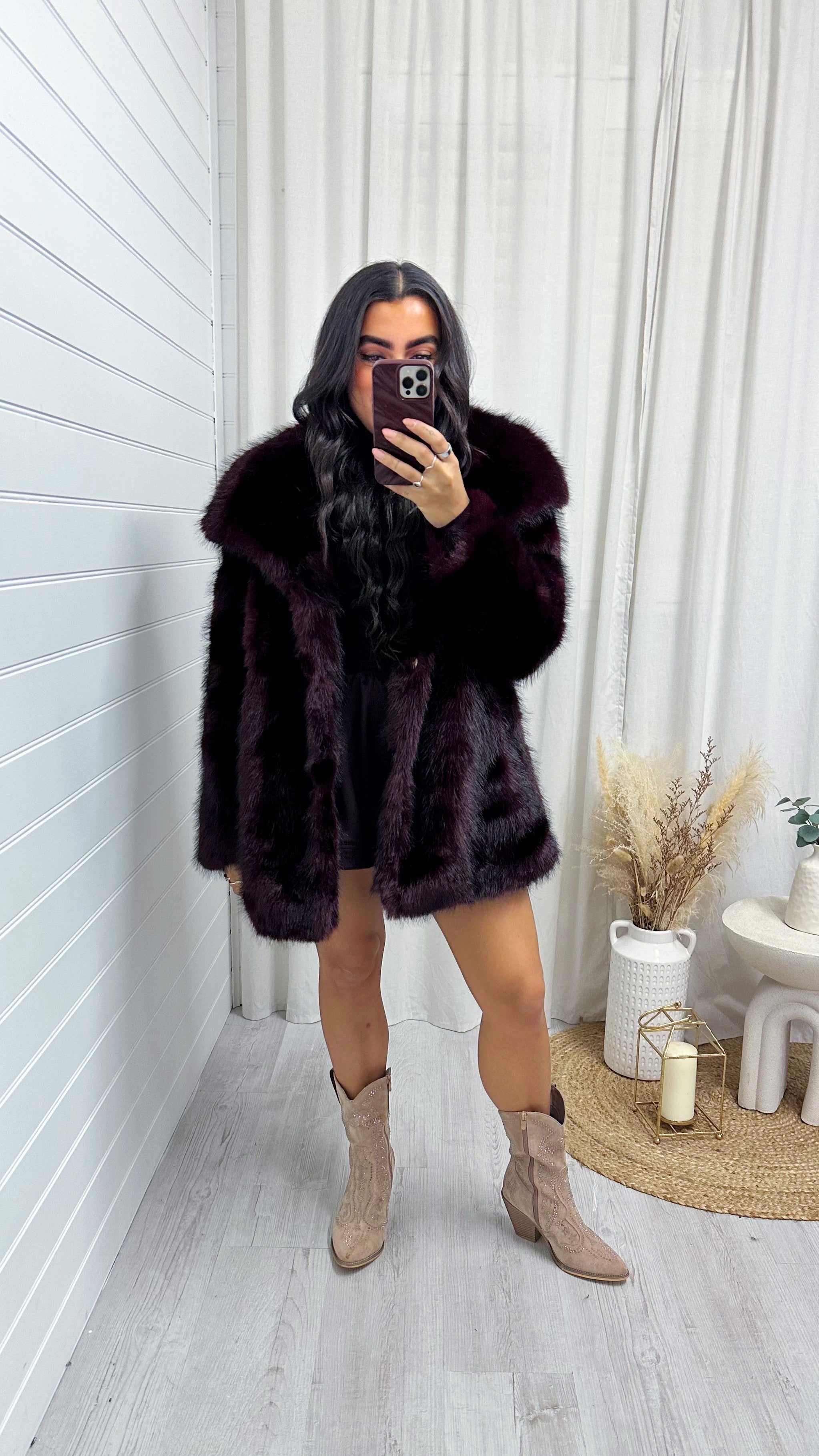 Long Faux Fur Lapel Coat - WINE